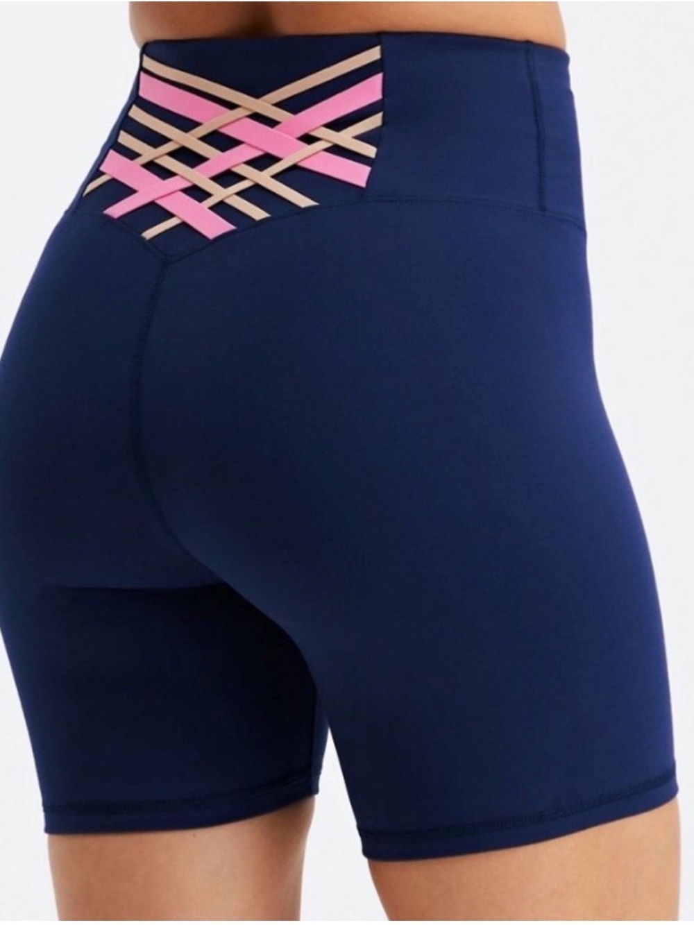 Fabletics Navy Boost Bike Shorts w/lattice detail